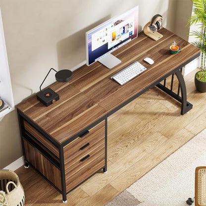 Tribesigns 59 Inch Computer Desk with 3 Drawers, Industrial PC Desk Study Writing Table Workstation with File Storage, Home Office Desks with Large Desktop and Metal Frame (Walnut) - color: Walnut