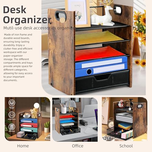 Desk Organizer, 5-Tier Desktop File Organizer with Drawer, Wooden Paper Tray Organizer, Office Desk Organzier and Accessories for Papers, Mail, Notebooks, Stationery - size: 5 Tier Drawer