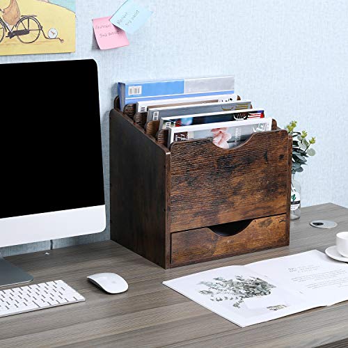 PAG-Mass Wood Desktop File Holder Organizer Mail Sorter with Drawer, for File Folders, Mails, Envelopes, Mailing Supplies or Magazines, 6 Compartments, Antique Brown
