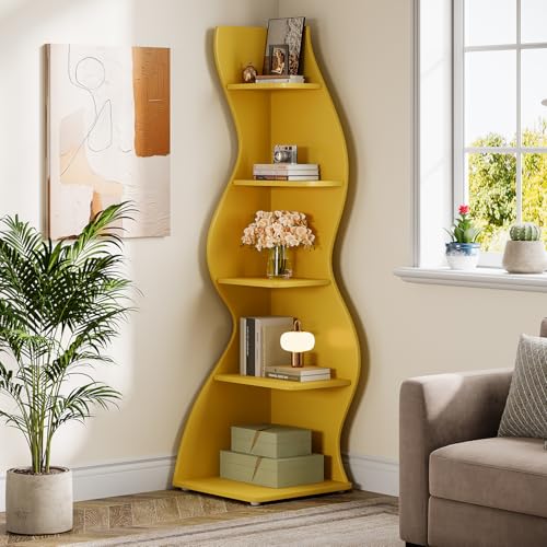Tribesigns Wavy Corner Shelf, Modern 5-Tier Bookshelf Bookcase with Curvy Shape, Unique Plant Stand Display Rack for Living Room Small Space (Yellow) - color: Yellow