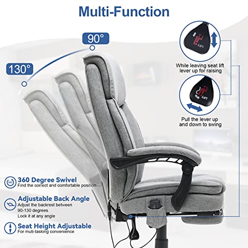 HOMREST Reclining Office Chair with 4-Point Massage, Breathable Fabric Executive Chair with Retractable Footrest, Ergonomic Computer Chair with High Back, Reclining Gaming Chair for Home, Light Grey