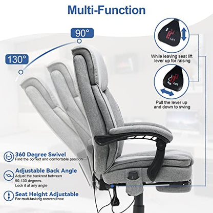 HOMREST Reclining Office Chair with 4-Point Massage, Breathable Fabric Executive Chair with Retractable Footrest, Ergonomic Computer Chair with High Back, Reclining Gaming Chair for Home, Light Grey