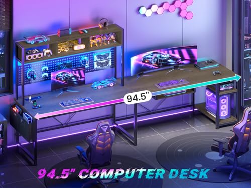 SEDETA L Shaped Gaming Desk with LED Lights and Pegboard for Home Office | Reversible 94.5" Computer Desk with Power Outlet, Keyboard Tray, Storage Shelves and Headphone Hook, Walnut Brown - color: Walnut With Power Outlet and Pegboard