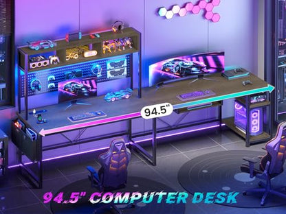 SEDETA L Shaped Gaming Desk with LED Lights and Pegboard for Home Office | Reversible 94.5" Computer Desk with Power Outlet, Keyboard Tray, Storage Shelves and Headphone Hook, Walnut Brown - color: Walnut With Power Outlet and Pegboard