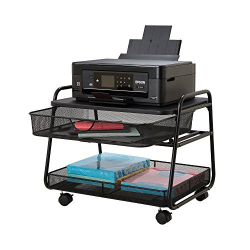 Safco 5208BL Onyx Under-Desk Rolling Machine Stand, Black, 21"W x 16"D x 17.5"H for Printer and Fax Machines With Basket and Drawer Storage. Perfect for Home, Office and Classrooms - color: Black Mesh
