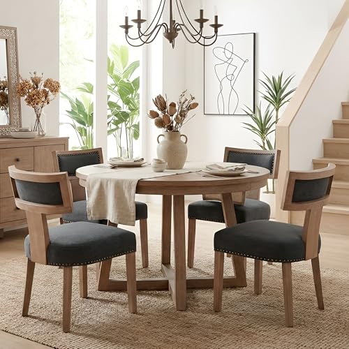 HNY Mid Century Modern Dining Chairs Set of 2, Farmhouse Linen Fabric Upholstered Accent Chairs Curved Nailhead Trim Backrest Kitchen Chairs, with Hardwood Frame, Charcoal - color: Charcoal Nailhead