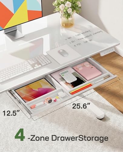 Marsail 55 x 28 inch Glass Standing Desk with 4-Zone Drawer Storage, White | 28.3–46.5 Inch Height Range, One-piece Tempered Glass top, 4 Preset Heights, Sit Stand Design, Ergonomic Home Office Desk - size: 55*28 Inch
