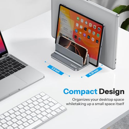 OMOTON 3-Slot Multiple Vertical Laptop Stand, Fits All MacBook, Grey | Adjustable Width 0-1.38", Aluminum Office Space-Saving for Desk, Fits MacBook/Book/iPad Up to 17.3in - color: Three Slots-Grey