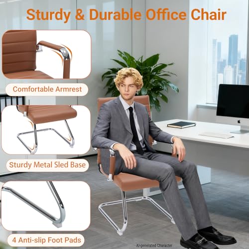 Sidnali Waiting Room Chairs, Office Guest Chair with Sled Base Mid Back for Reception Conference Room, Brown Set of 2