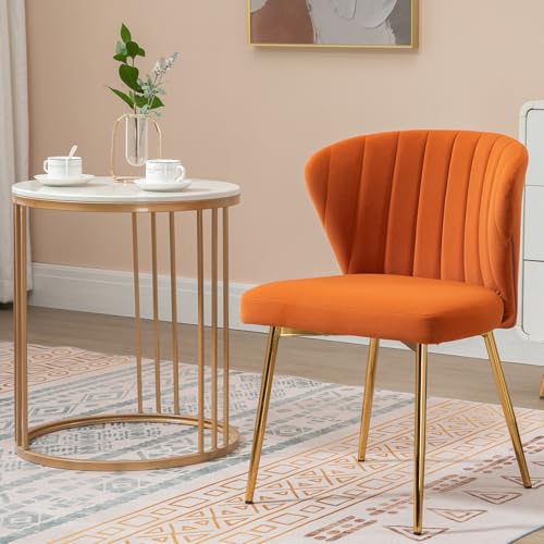 Velvet Dining Chairs Set of 2, Modern Upholstered Vanity Chairs with Golden Metal Legs for Dining Room Kitchen Vanity Patio (Orange) - color: Orange