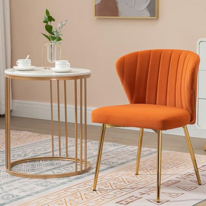 Velvet Dining Chairs Set of 2, Modern Upholstered Vanity Chairs with Golden Metal Legs for Dining Room Kitchen Vanity Patio (Orange) - color: Orange