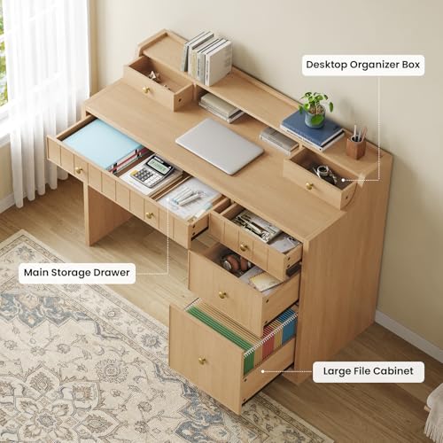 Office Desk with Drawers, 47" Wide Small Desk with File Drawer, Study Table Wood Writing Desk with Long Monitor Stand for Bedroom,Home Office