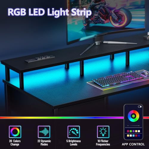 Korfile 55 Inch Gaming Computer Desk with Power Outlets,LED,5 Drawers,Black - color: Black, size: 55 Inch