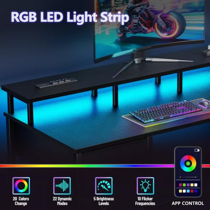 Korfile 55 Inch Gaming Computer Desk with Power Outlets,LED,5 Drawers,Black - color: Black, size: 55 Inch