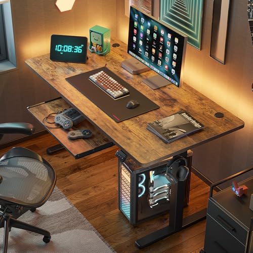 FEZIBO Standing Desk with Keyboard Tray, 60 x 24 Inch Adjustable Height Sit Stand Desk with Memory Presets for Home Office, Ergonomic Computer Workstation, Rustic Brown