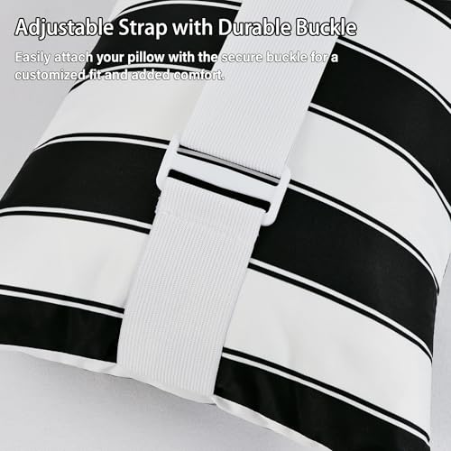 Outdoor Lounge Chair Headrest Pillow 16x11 Inch, Black Striped Waterproof Lumbar Pillows with Insert Adjustable Elastic Strap, Neck Attachment for Recliner Patio Beach Pool Office, 2 Pack - color: Black Striped