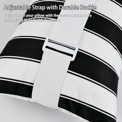 Outdoor Lounge Chair Headrest Pillow 16x11 Inch, Black Striped Waterproof Lumbar Pillows with Insert Adjustable Elastic Strap, Neck Attachment for Recliner Patio Beach Pool Office, 2 Pack - color: Black Striped