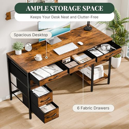 55" Computer Desk with 6 Drawers,Storage Shelves - color: Brown, size: 55-in