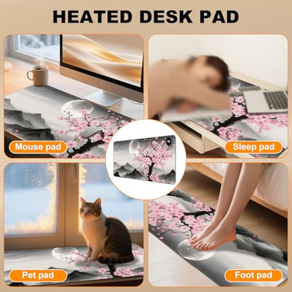 Heated Desk Pad 31.5" x 13" 3 Large Heated Mouse Pad with Heat Levels (40°C/45°C/50°C) & 3H Auto Shut-Off Desk Mat Fast Heating PU Leather Warmer Mousepad for Home Office - Cherry Blossom and Moon - color: Cherry Blossom and Moon, size: 31.5 x 13 inch