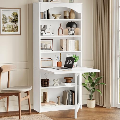 Einhomn Folding Desk with Storage, Space-Saving Foldable Convertible Writing Table, Wall Mount Fold Out Computer Desk for Home Office, Craft Room, Living Room, Bedroom, White - color: White