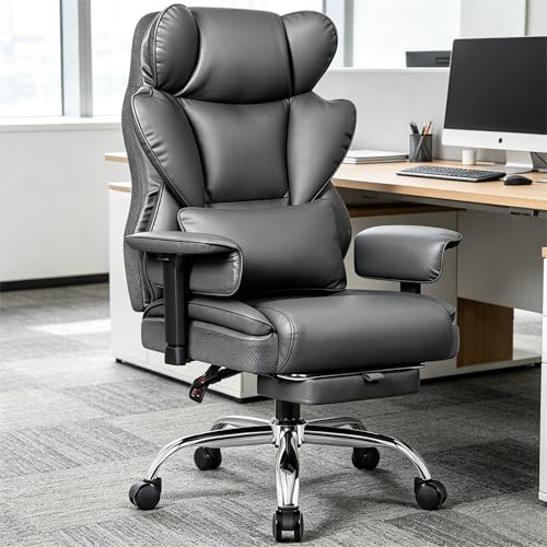 Big & Tall Office Chair 400 LBS with Lumbar Support & Footrest | Heavy Duty Ergonomic Executive Computer Chair with Adjustable Arms and Wide Seat, PU Leather High Back for Heavy People, Gray