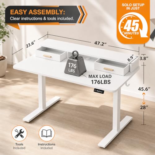 Grandder Electric Standing Desk with Two Drawers, Sit to Stand Up Height Adjustable Desk with Storage Shelf for Home Office, 47 * 24 Inch, Study, Ergonomic Adjustable Computer Desk, White - color: White, size: 47 Inch