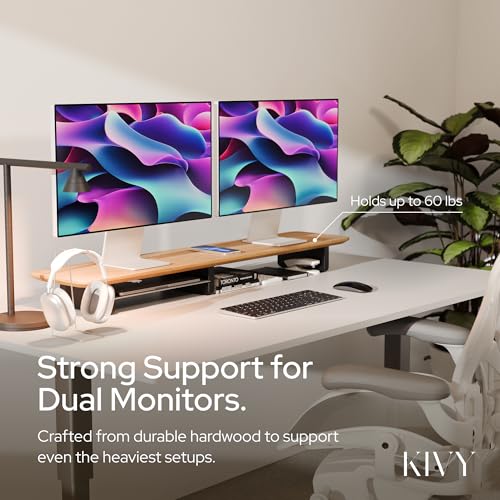 KIVY Dual Monitor Riser with Integrated Metal Shelf - Wooden desk shelf