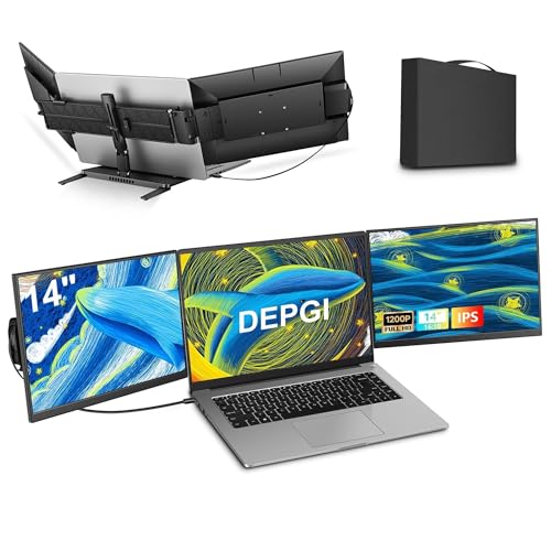DEPGI 14" Laptop Screen Extender Built-in Cooler, 1200P FHD One Cable Connect Portable Triple Monitor, Dual Screen Monitor Fits 13"-17.3" Laptop with Stand for MacOS/Windows - style: Built-in fan