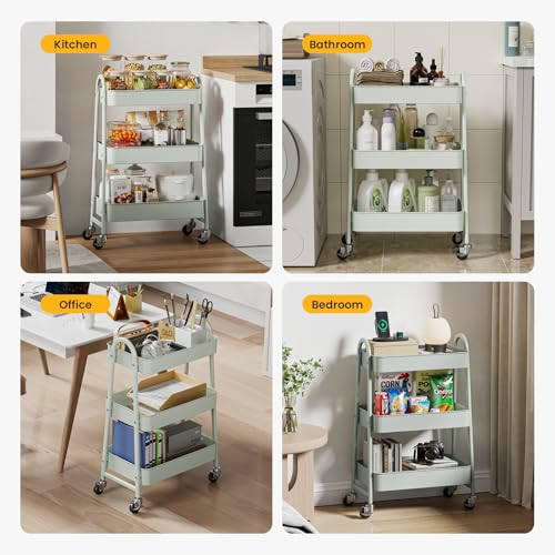 DUMOS 3 Tiers Rolling Utility Cart, Storage Organizer, Shelving Unit | Metal, Lockable Wheels, Mobile, Kitchen, Office, Bathroom, Laundry, Narrow Places, Light Green - color: 3-tier Green
