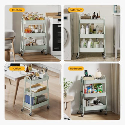 DUMOS 3 Tiers Rolling Utility Cart, Storage Organizer, Shelving Unit | Metal, Lockable Wheels, Mobile, Kitchen, Office, Bathroom, Laundry, Narrow Places, Light Green - color: 3-tier Green