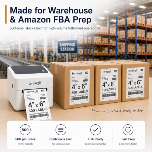 4x6 Thermal Labels 500 Fanfold - Rollo Zebra MUNBYN, Strong Adhesive | 500 fanfold labels, strong adhesive, universal thermal printer compatibility - size: 4x6 - 1 Stack | 500 Labels
