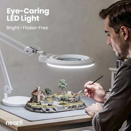 Neatfi XL LED Magnifying Lamp, Hands-Free, Dimmable, Crafts, Reading, Close Work (White, Non-CCT with Base) - color: White, size: 7-inch Lens, Non-CCT with Base