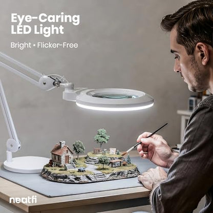 Neatfi XL LED Magnifying Lamp, Hands-Free, Dimmable, Crafts, Reading, Close Work (White, Non-CCT with Base) - color: White, size: 7-inch Lens, Non-CCT with Base