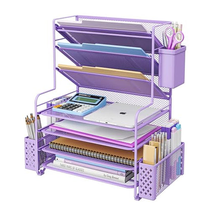 Simple Trending 7 Tier Desk File Organizer, Letter Tray Paper Organizer with Pen Holder and Metal Hanging Basket, Purple - color: 7 Tier Purple