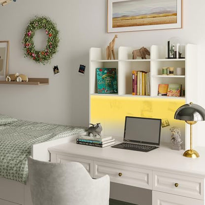 ChooChoo Desk Hutch Dorm with LED Lights, Desktop Bookshelf with 7 Shelves - color: Off White, size: With LED