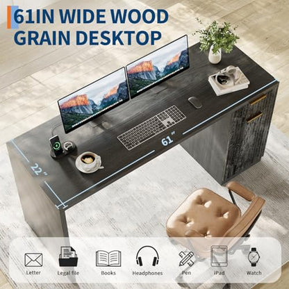 Garvee Executive Desk with Drawer and Power Outlet, 61" Large Farmhouse Computer Desk Home Office Wood Executive Desk with Adjustable Shelf for Work Study Writing, Grey - color: Grey