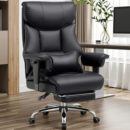 COMHOMA Big and Tall Office Chair 400lbs High Back Computer Gaming Chair with Ergonomic Lumbar Support & Pocket Spring Cushion for Lower Back Pain Relief, Leather Executive Chair with Foot Rest, Black - color: Ergo-black