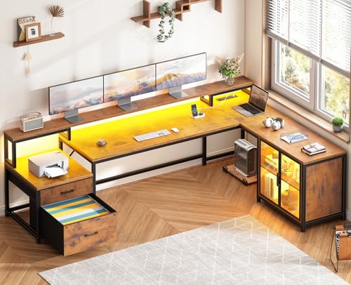SEDETA 78.7” Large L Shaped Desk with Storage Drawers, Office Desk with File Drawer and Display Cabinet, L Shaped Gaming Desk with Storage, Power Outlet and LED Lights for Home Office, Rustic Brown - color: Rustic Brown