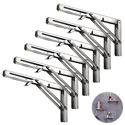Folding Shelf Brackets 16 Inch, Heavy Duty Stainless Steel Collapsible Hinges Wall Mounted Angle L Bracket for Floating Shleves DIY Foldable Work Bench Table Desk - 6 Pack