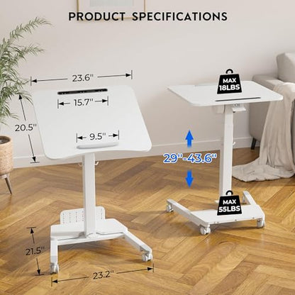 BONTEC Mobile Standing Desk, Adjustable Height, 23.6 x 20.5 Inch, White - color: White, size: 23.6" x 20.5"