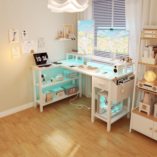 Lufeiya White L Shaped Gaming Desk with Fabric Drawers and Storage Shelves, 47 inch Home Office Desk with Monitor Stand, Computer Desk with LED Lights and Power Outlets, White - color: White