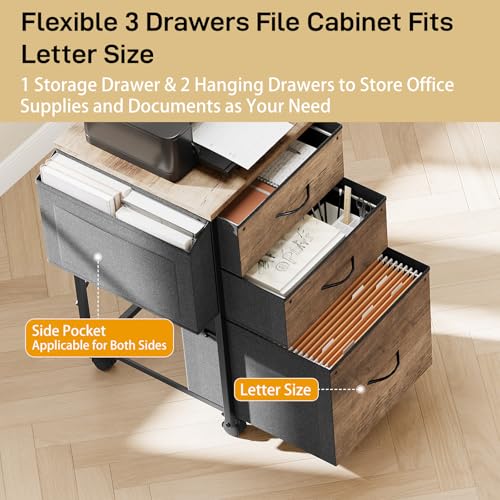 VINGLI 3 Drawer File Cabinet with Side Bag, Rolling File Cabinet Mobile Under Desk File Cabinet with Wheels, Fabric Drawers Printer Stand for Home Office, Fits Letter Size, Rustic Gray