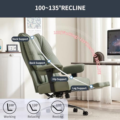 EXCEBET Big and Tall Office Chair 400lbs Wide Seat, Leather High Back Executive Office Chair with Foot Rest, Ergonomic Chairs Lumbar Support for Lower Back Pain Relief (Light Green) - color: Light Green