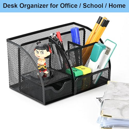 Desk Organizer Stationery Storage, Pencil Holder for Desk, Wire Mesh Office Supplies Journals Notebooks Organizers with 7 Compartments and Mini Drawer (Black) - style: 7 Compartments