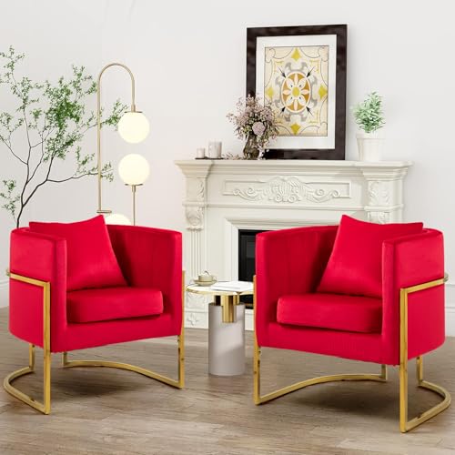 Velvet Accent Barrel Chairs Set of 2, Modern Arm Club Chair Set with Pillow for Living Room/Bedroom/Guest Reception, Channel Tufted, Gold Finish Base, Red - color: Red, size: 2 PCS