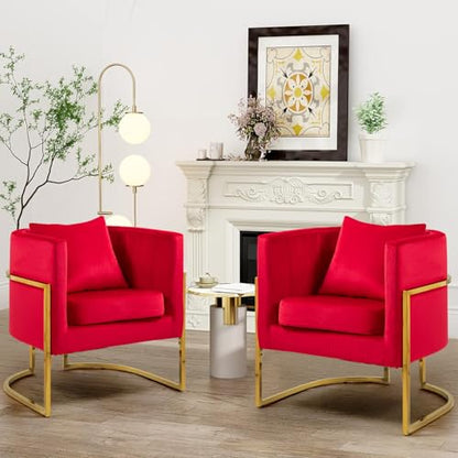 Velvet Accent Barrel Chairs Set of 2, Modern Arm Club Chair Set with Pillow for Living Room/Bedroom/Guest Reception, Channel Tufted, Gold Finish Base, Red - color: Red, size: 2 PCS
