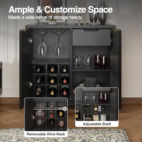 Fluted Coffee Bar Cabinet with Storage, Modern Sideboard Buffet Cabinet - color: Black, size: Coffee Bar - 15.7"D x 31.5"W x 31.5"H