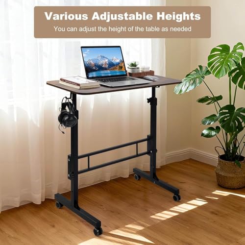 Standing Desk Adjustable Height, Rolling Walking Pad Desk, Small Mobile Table with Wheels, Portable Stand Up Table for Standing or Sitting, Size 31.5x15.7 Inch Rustic