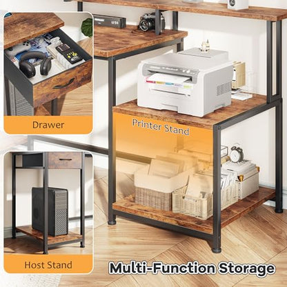 DurayLoly Computer Desk with 55" Long Monitor Stand, 18"Ample Printer Space | Storage Drawer and File Shelves,Versatile RGB LED Lighting,Built-In USB Outlet,Sturdy Metal Frame,Bedroom Writing Desk,Brown - color: Rustic Brown