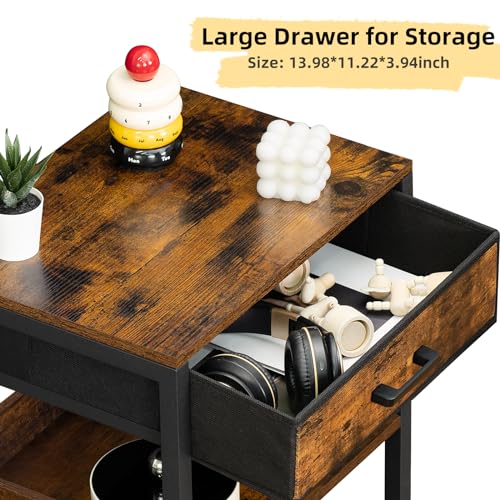 Lerliuo End Table with Fabric Drawer,3 Tier Industrial Wood Side Table with Storage,Modern Tall Printer Stand,Vintage Brown Nightstand,Rustic Bedside Tables for Living Room Bedroom Small Spaces | Three-tier printer stand with fabric drawer and two shelves